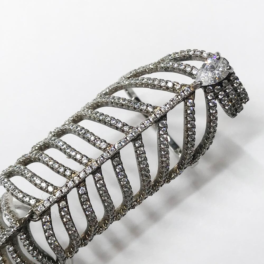 Vintage Pave Crystal Knuckle Full Finger Feather Ring 925 Sterling Silver - Picture 11 of 15